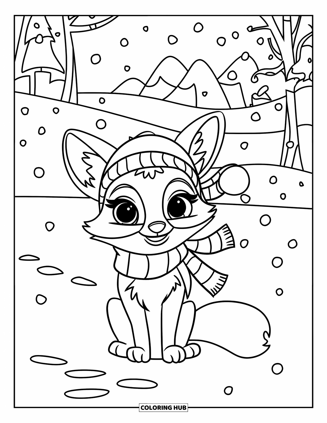 Nature Coloring Page for Kids: A fox with a hat and scarf sits in the snow, leaving tiny footprints behind