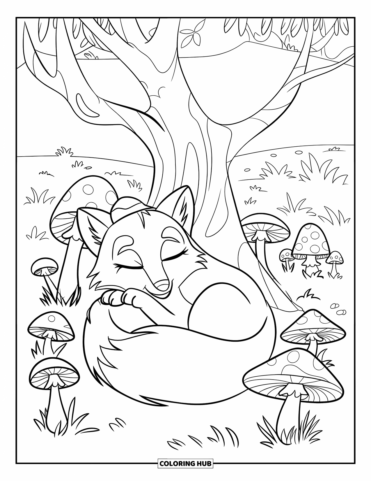 Nature Coloring Page for Kids: A fox with closed eyes curls up near a tree, surrounded by large and small mushrooms