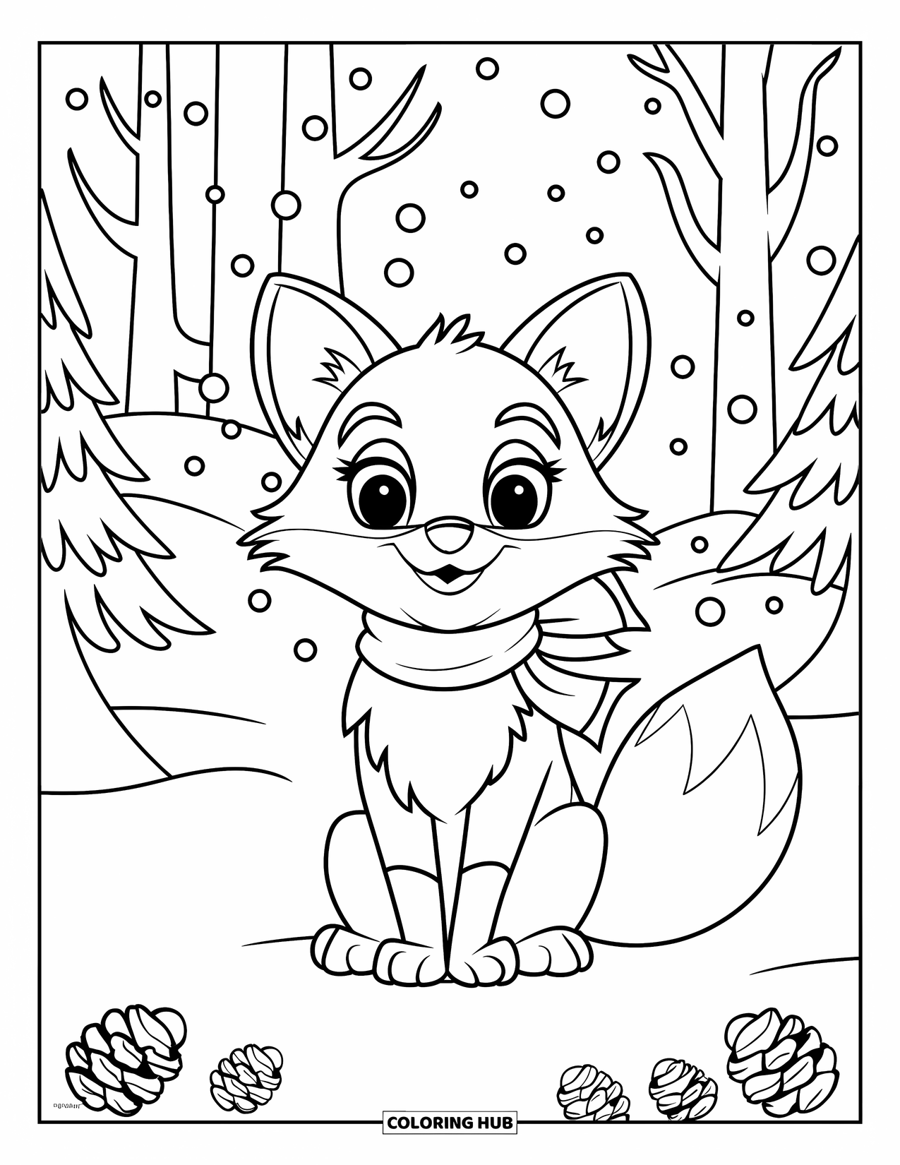 Nature Coloring Page for Kids: A fox wrapped in a red scarf sits among snowy pine trees and scattered pinecones