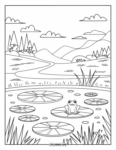 Nature Coloring Page for Kids: A frog on a lily pad watches the water, with trees and mountains in the background