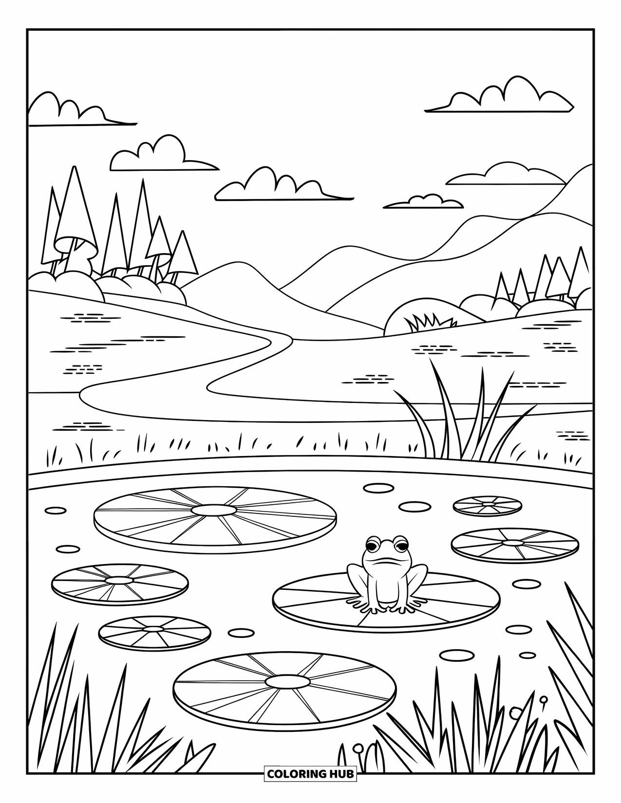 Nature Coloring Page for Kids: A frog on a lily pad watches the water, with trees and mountains in the background