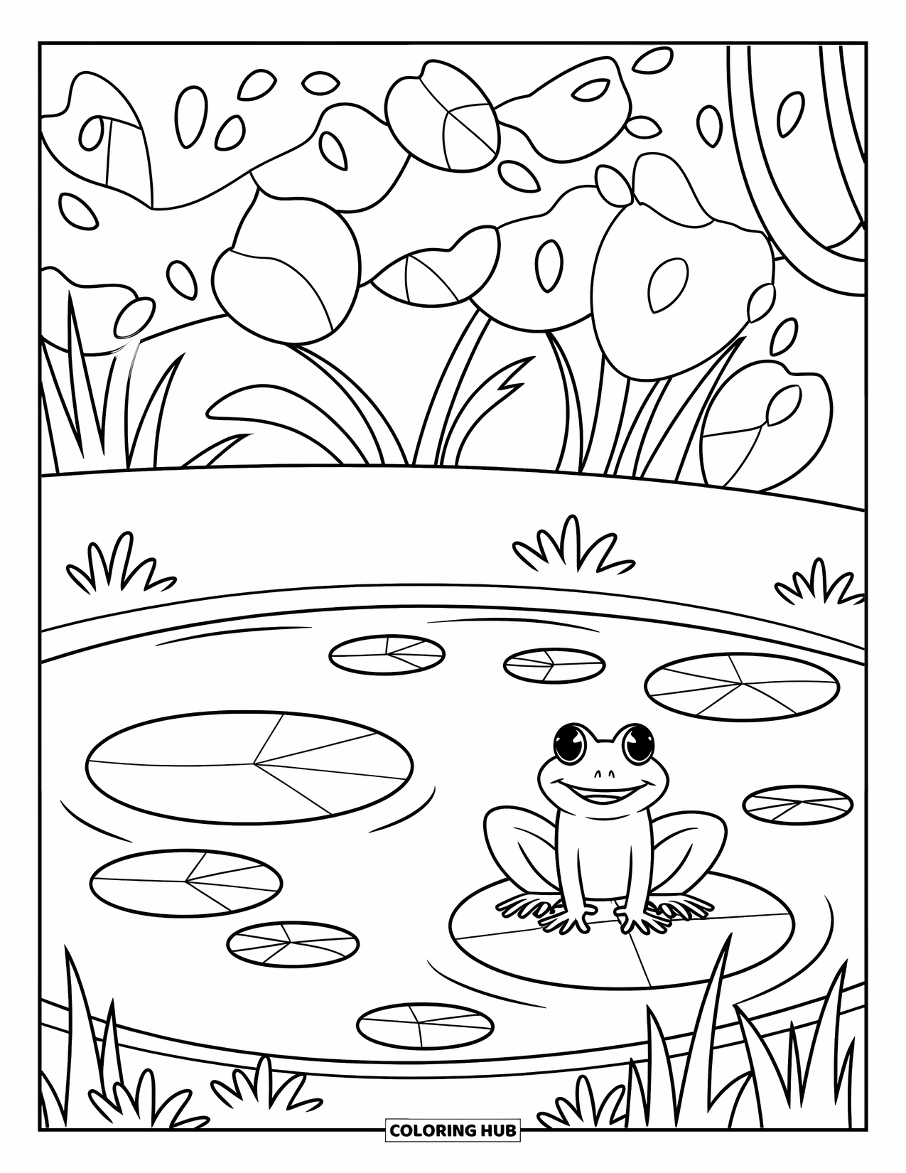 Nature Coloring Page for Kids: A frog sits on a lily pad in a quiet pond, surrounded by flowers and reeds