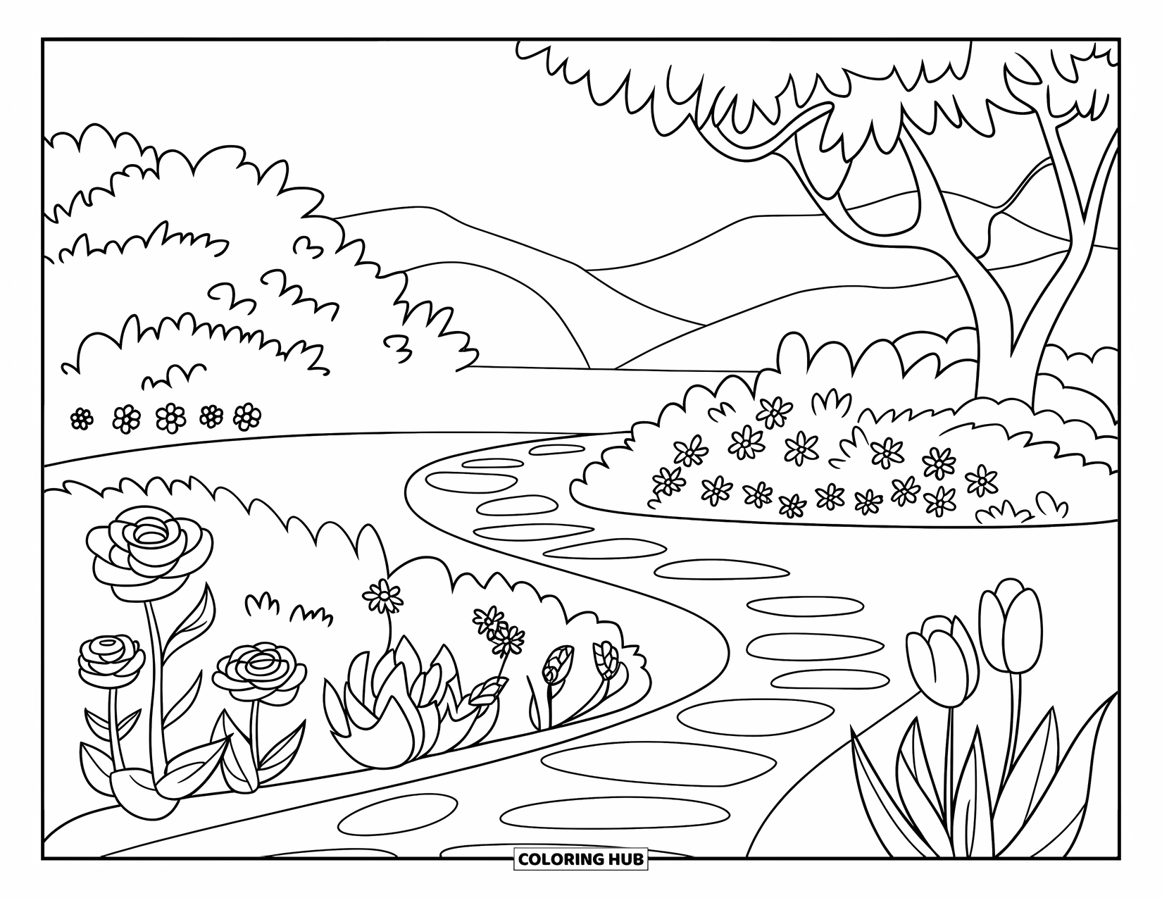 Nature Coloring Page for Kids: A garden with a stone path is surrounded by flowers, trees, and a distant cottage