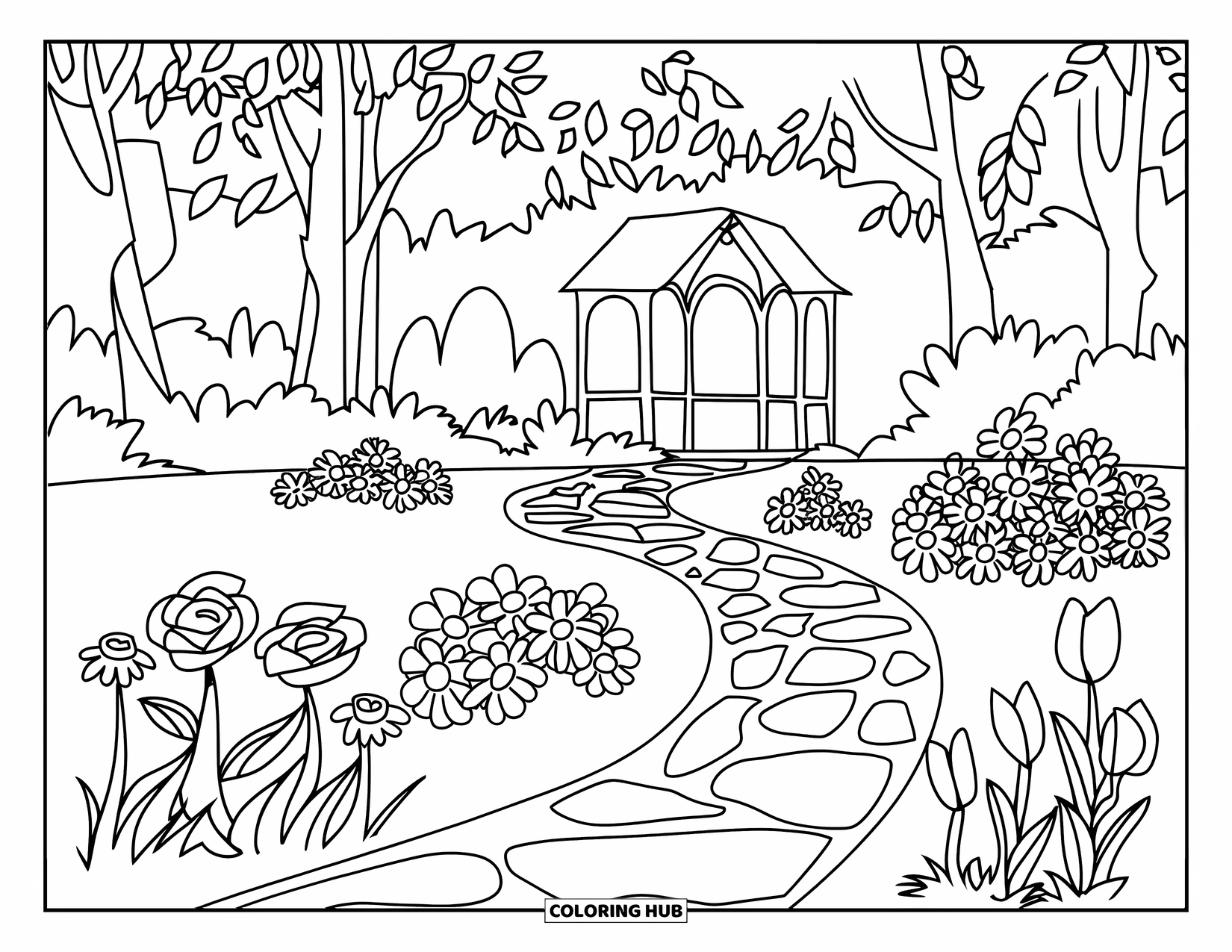 Nature Coloring Page for Kids: A gazebo stands at the end of a garden path lined with vibrant blooming flowers