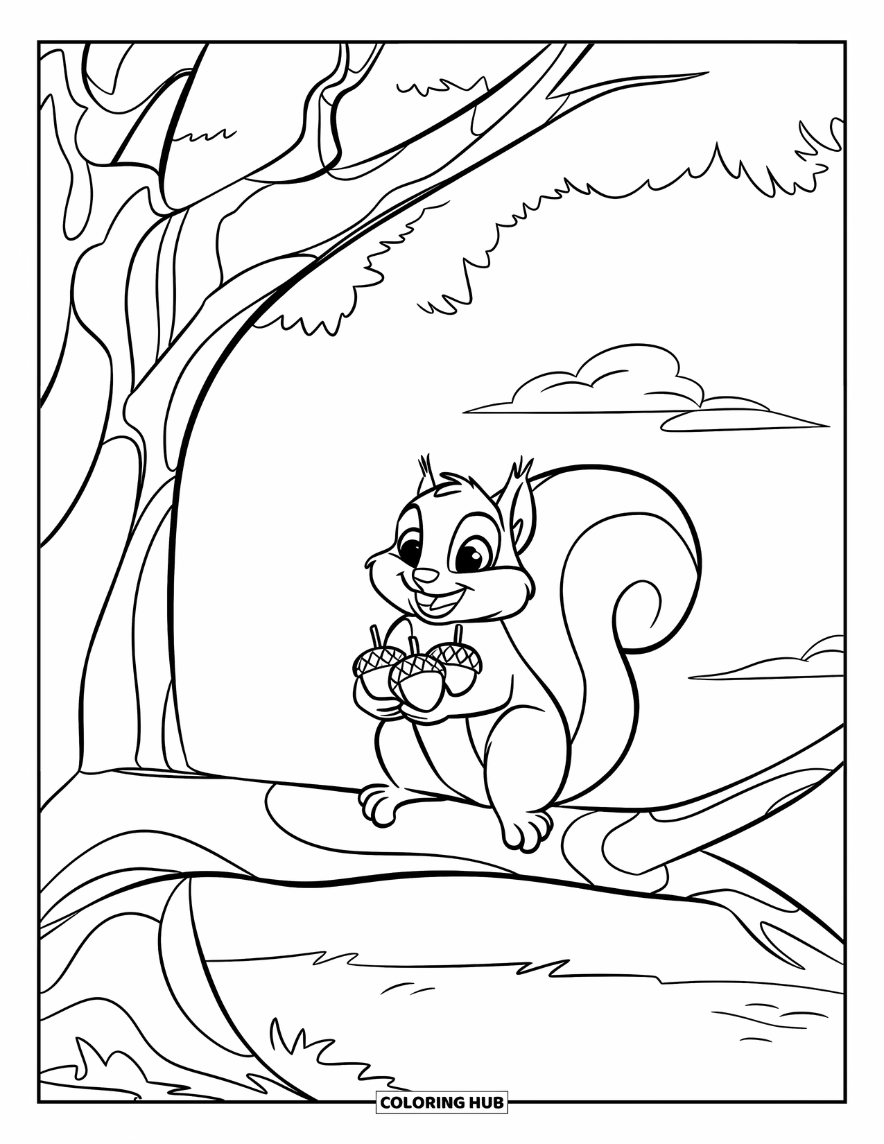 Nature Coloring Page for Kids: A happy squirrel with a bushy tail holds acorns while perched on a sturdy branch