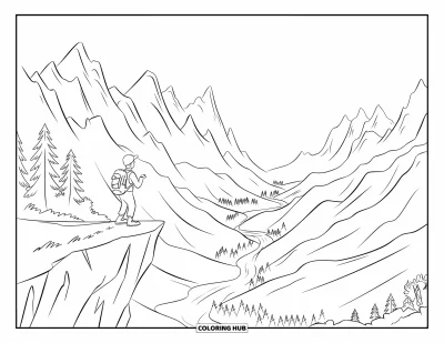 Nature Coloring Page for Kids: A hiker stands on a cliff, admiring the vast valley and winding river below