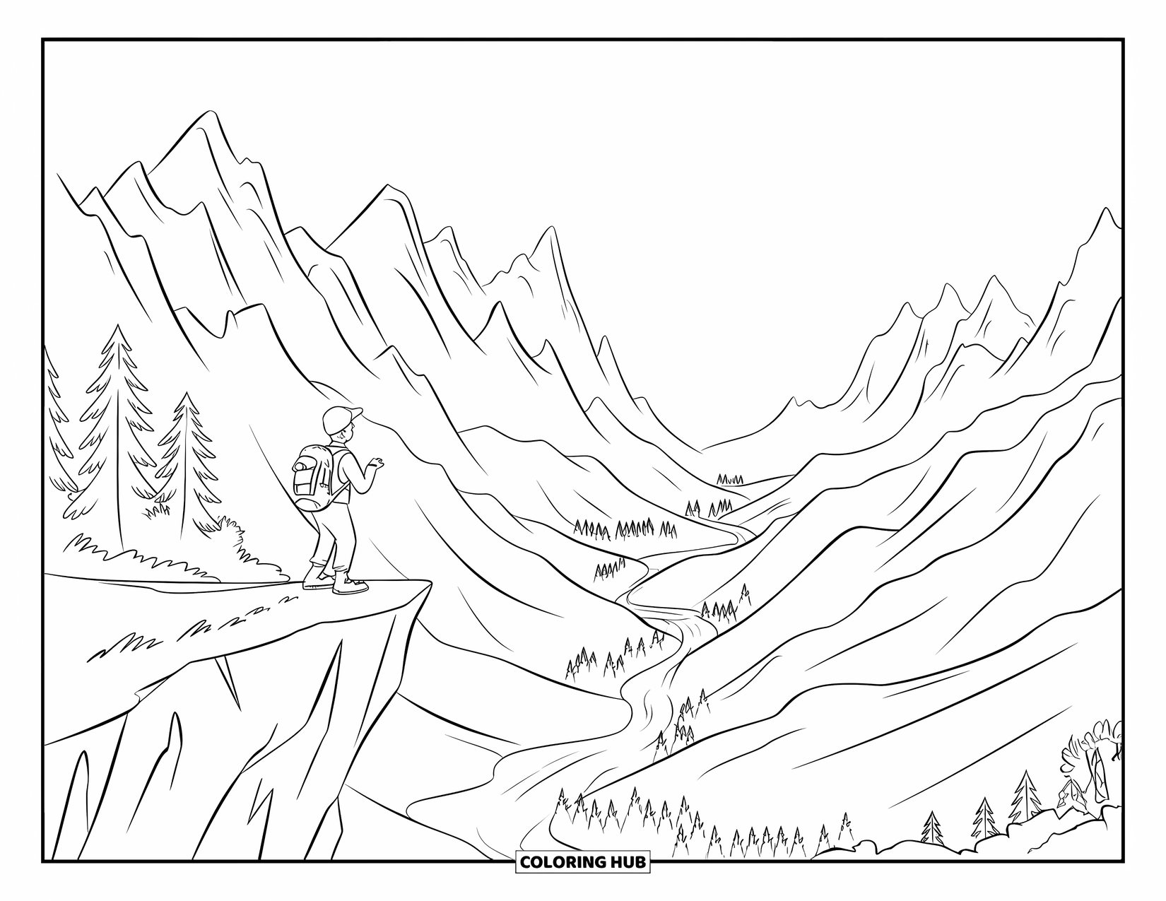 Nature Coloring Page for Kids: A hiker stands on a cliff, admiring the vast valley and winding river below