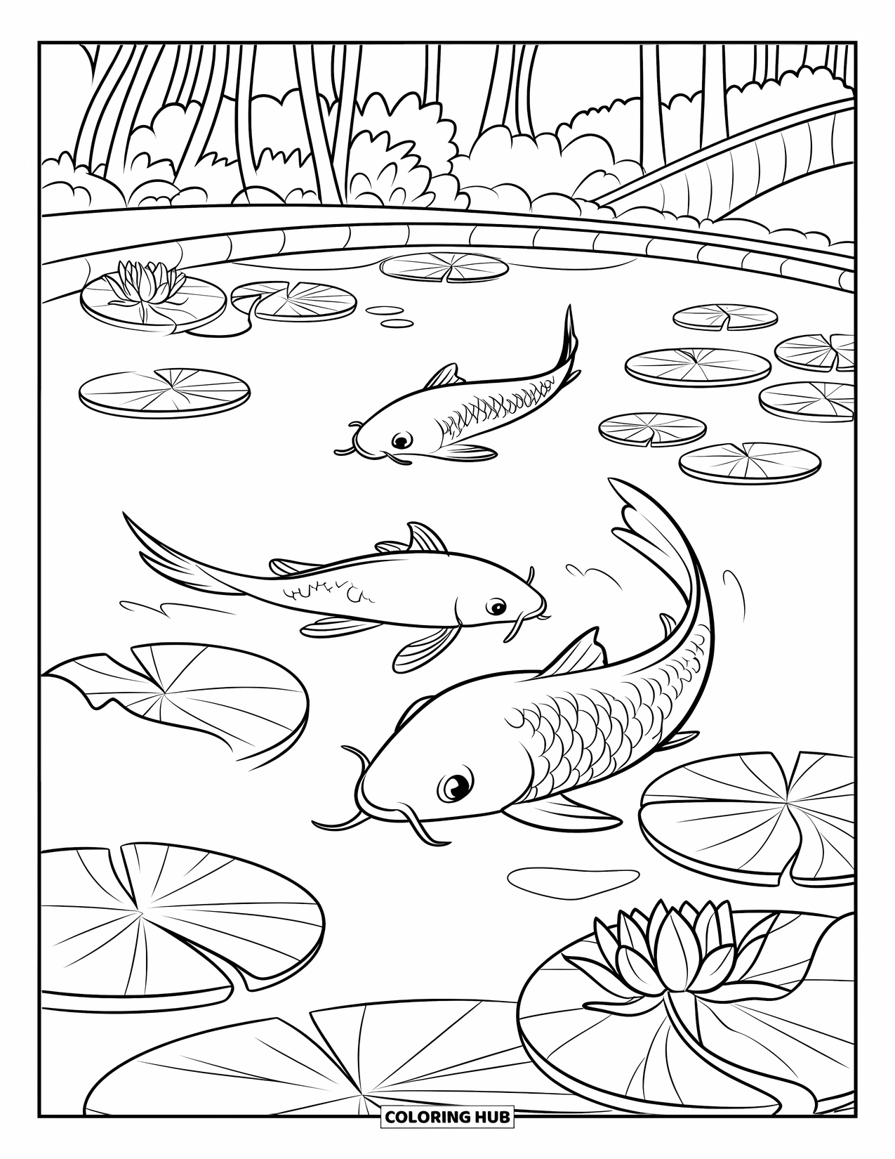 Nature Coloring Page for Kids: A koi pond with floating lily pads is surrounded by rocks and lush greenery