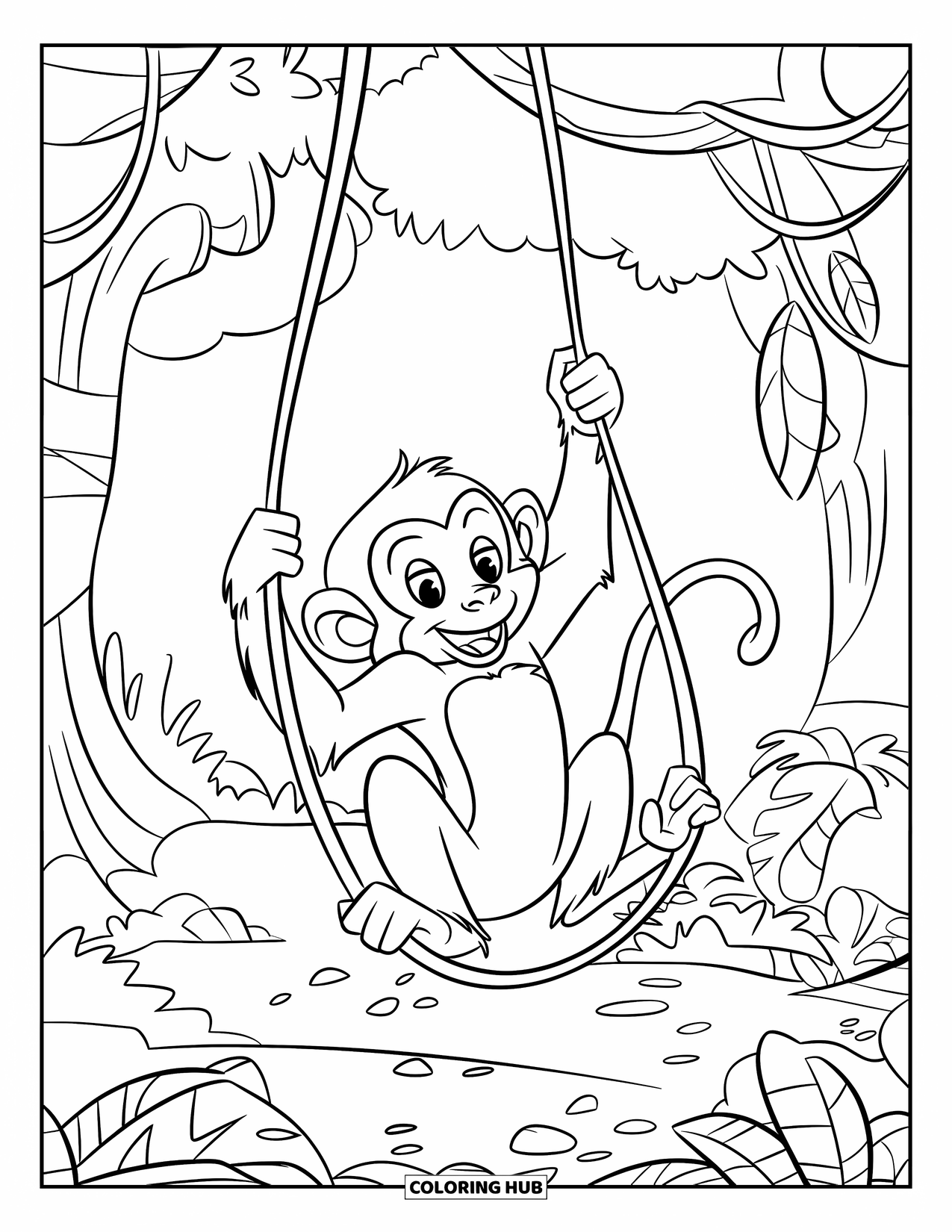 Nature Coloring Page for Kids: A monkey with a curled tail swings between vines above a jungle floor covered in plants