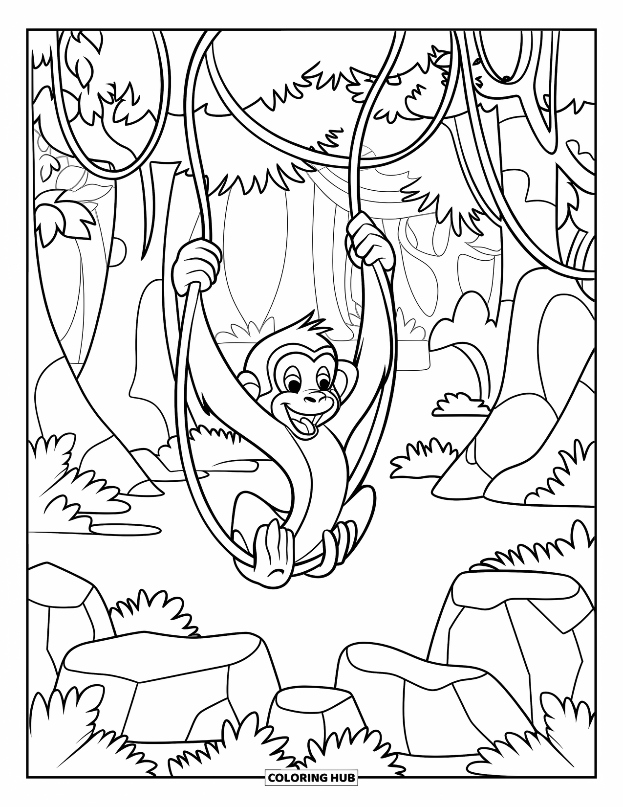 Nature Coloring Page for Kids: A monkey with a wide grin swings from vines among trees, rocks, and lush greenery