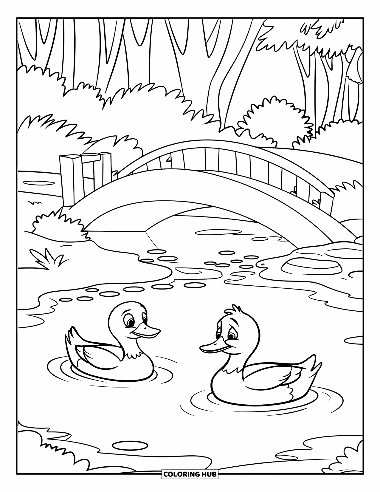 Nature Coloring Page for Kids: A pair of ducks drift across a pond with a wooden bridge in the background