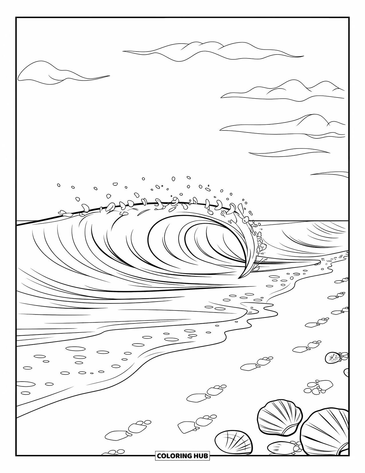 Nature Coloring Page for Kids: A powerful wave crashes onto the shore, leaving seashells scattered across the wet sand
