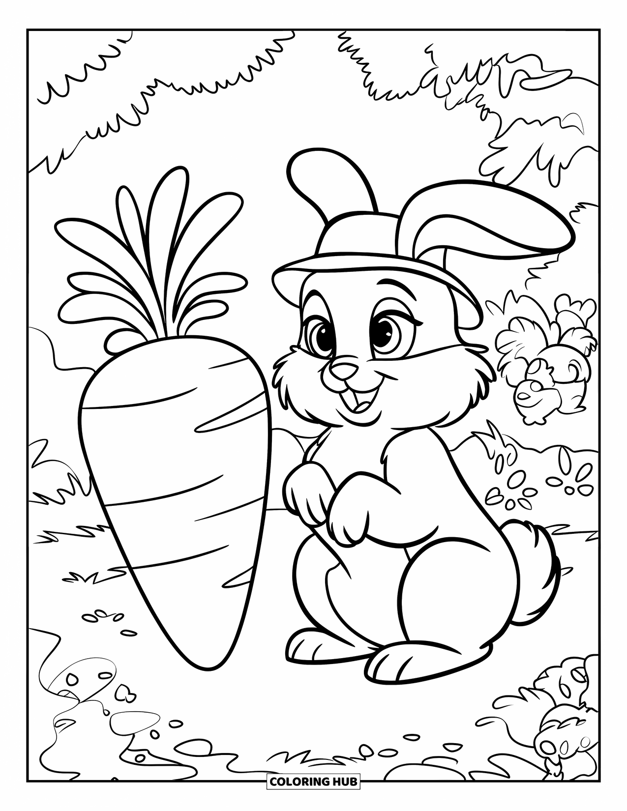 Nature Coloring Page for Kids: A rabbit with a cheerful hat sits near a giant carrot, surrounded by tiny animals