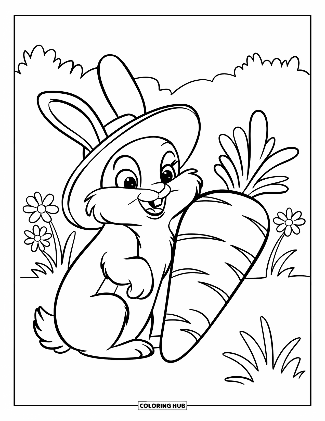 Nature Coloring Page for Kids: A rabbit with a playful hat rests beside a giant carrot in a lush green garden