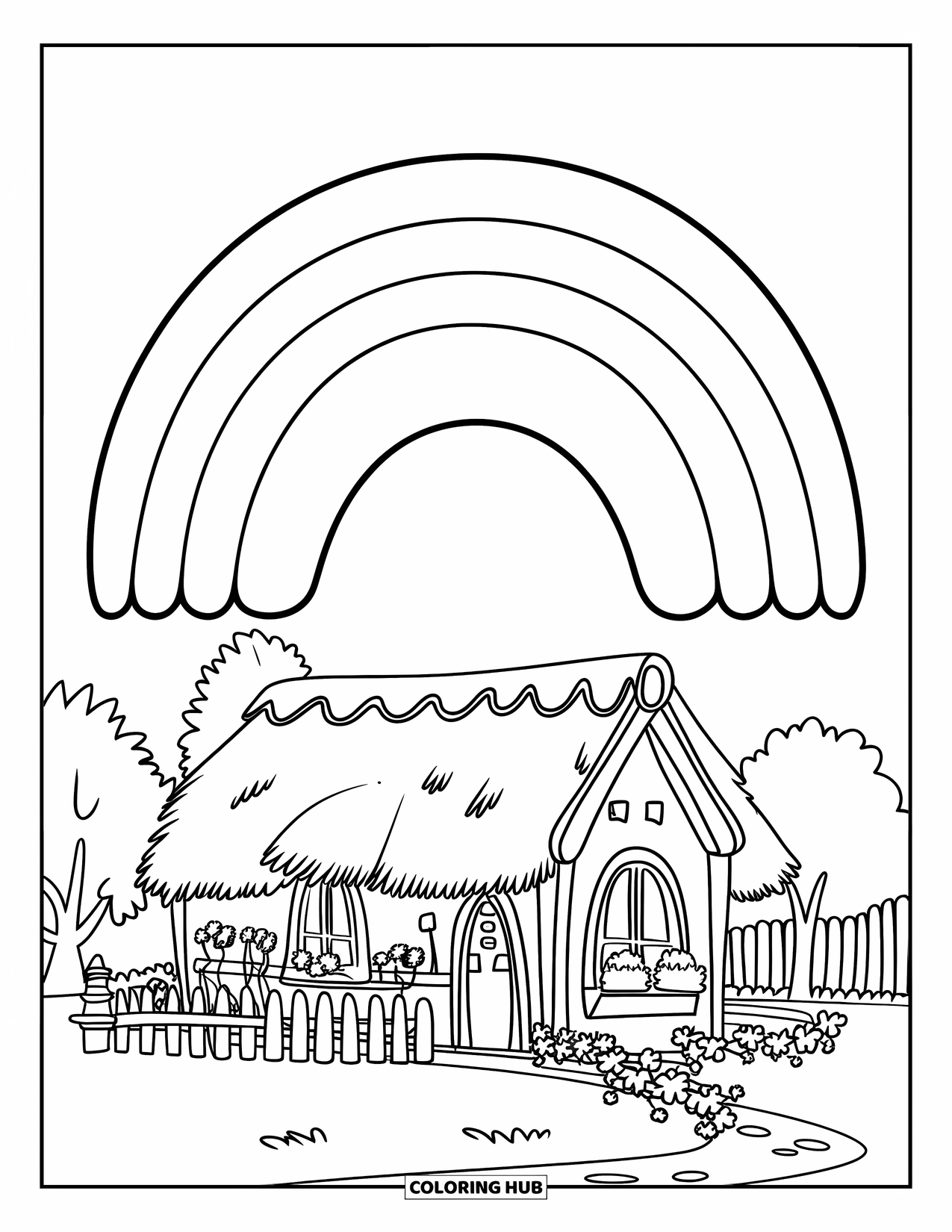 Nature Coloring Page for Kids: A rainbow arches over a small cottage with a flower-filled garden and a winding path