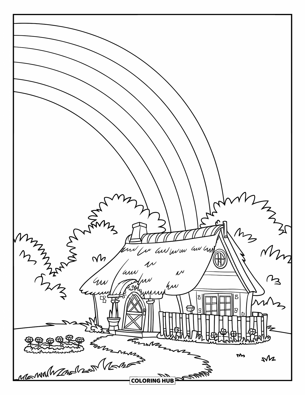 Nature Coloring Page for Kids: A rainbow with soft curves stretches above a cozy cottage with a wooden fence and garden