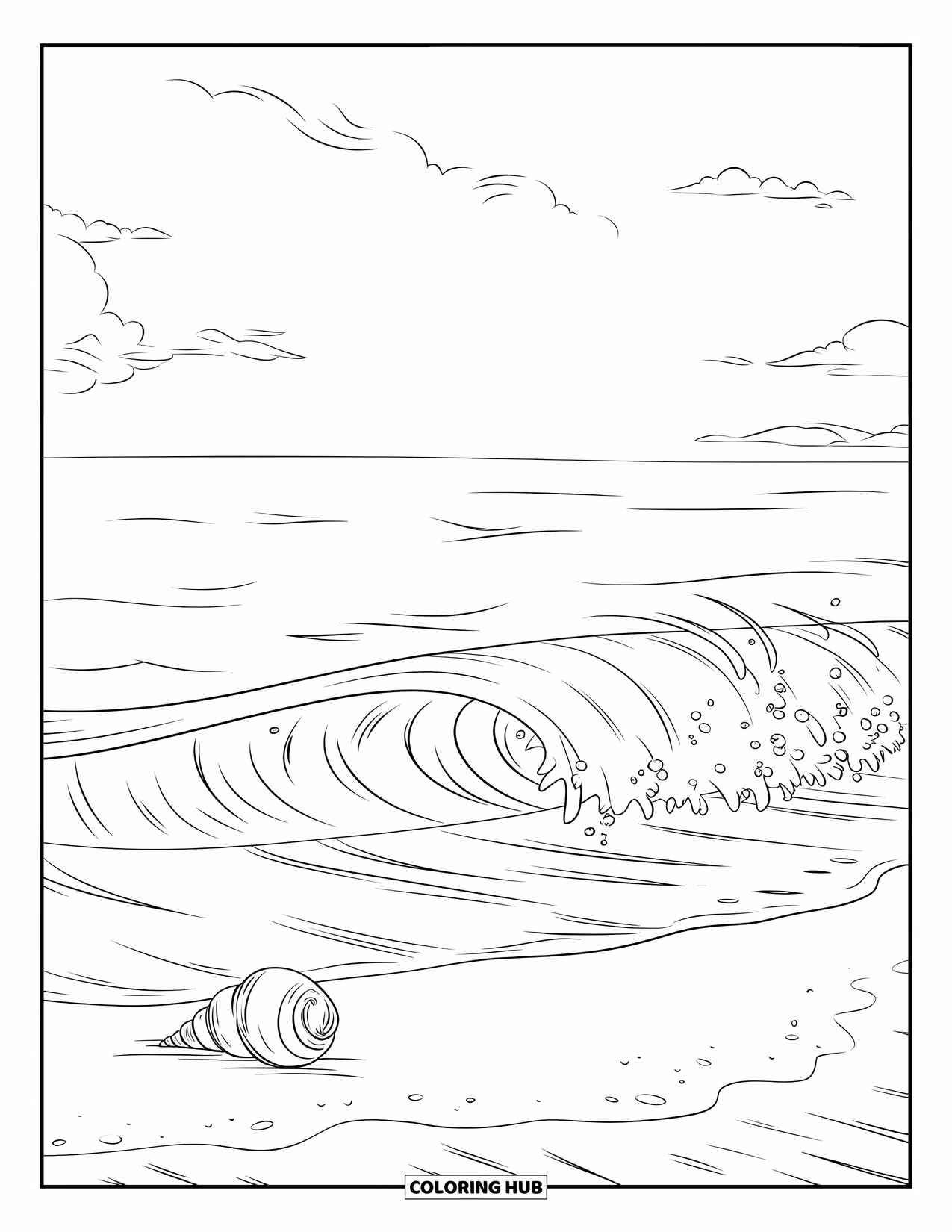 Nature Coloring Page for Kids: A rolling wave splashes onto the shore beneath a bright sky with wispy clouds