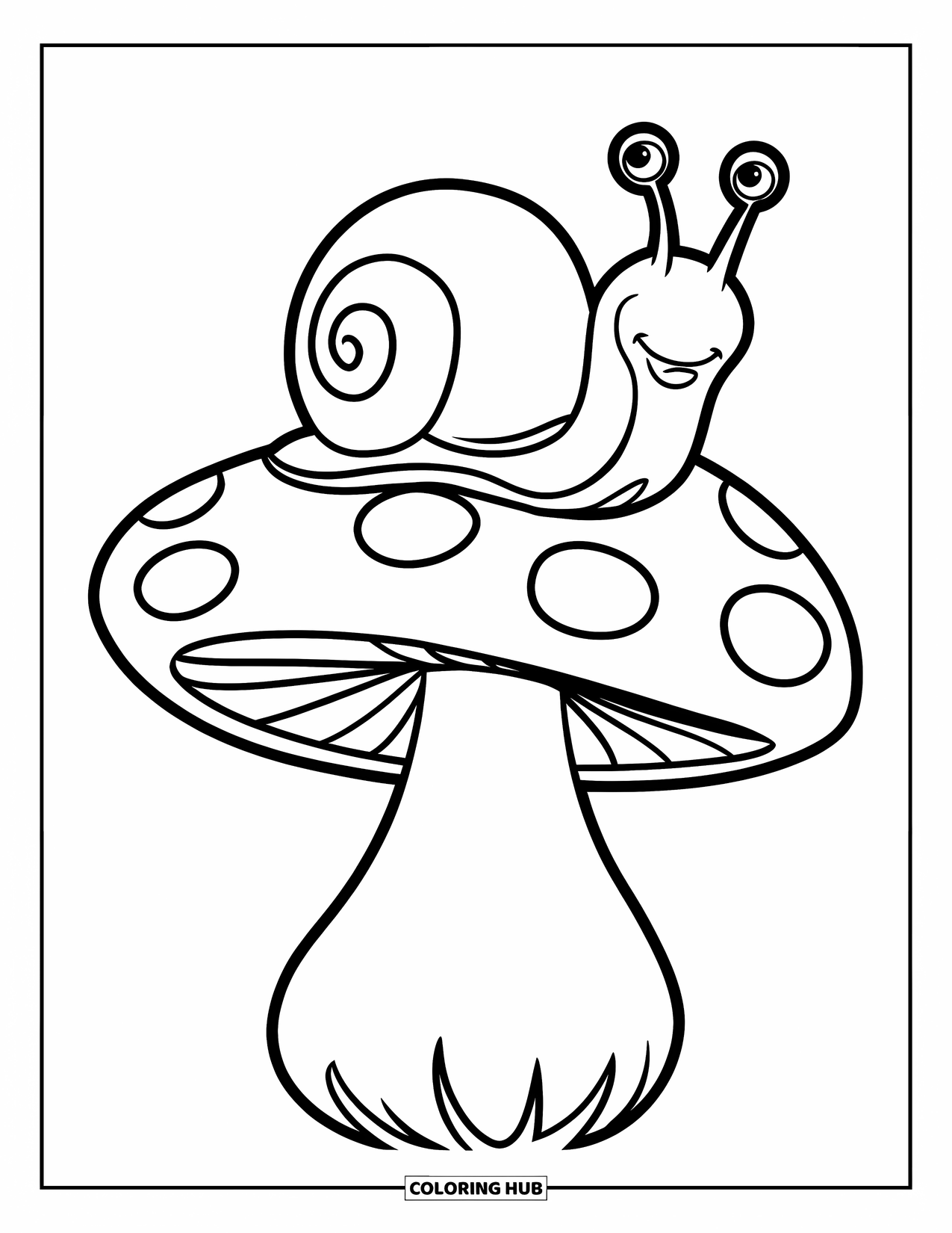 Nature Coloring Page for Kids: A small snail perches on a large mushroom with a wide, round cap and smooth stem