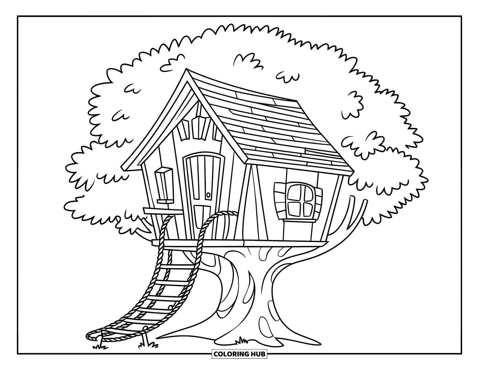 Nature Coloring Page for Kids: A small treehouse with a rope ladder has a tiny door and window nestled among branches