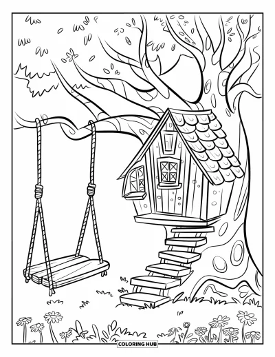 Nature Coloring Page for Kids: A small treehouse with a wooden ladder and a swing overlooks a meadow of wildflowers