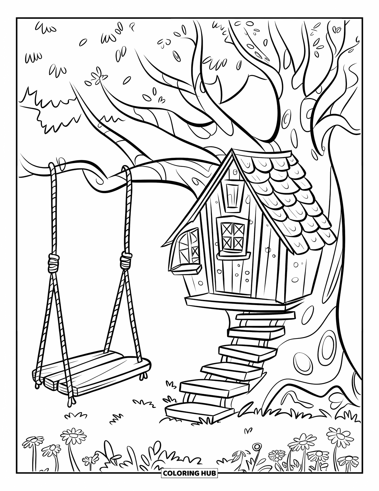 Nature Coloring Page for Kids: A small treehouse with a wooden ladder and a swing overlooks a meadow of wildflowers