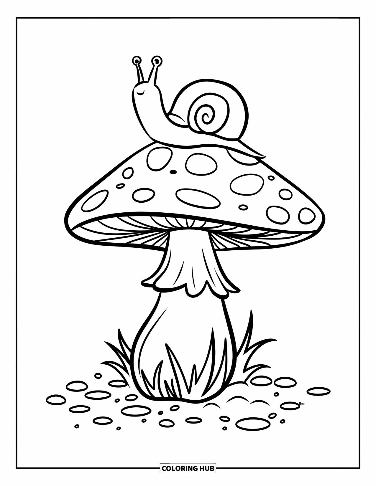 Nature Coloring Page for Kids: A snail with a curved shell perches on a smooth mushroom, watching the world below