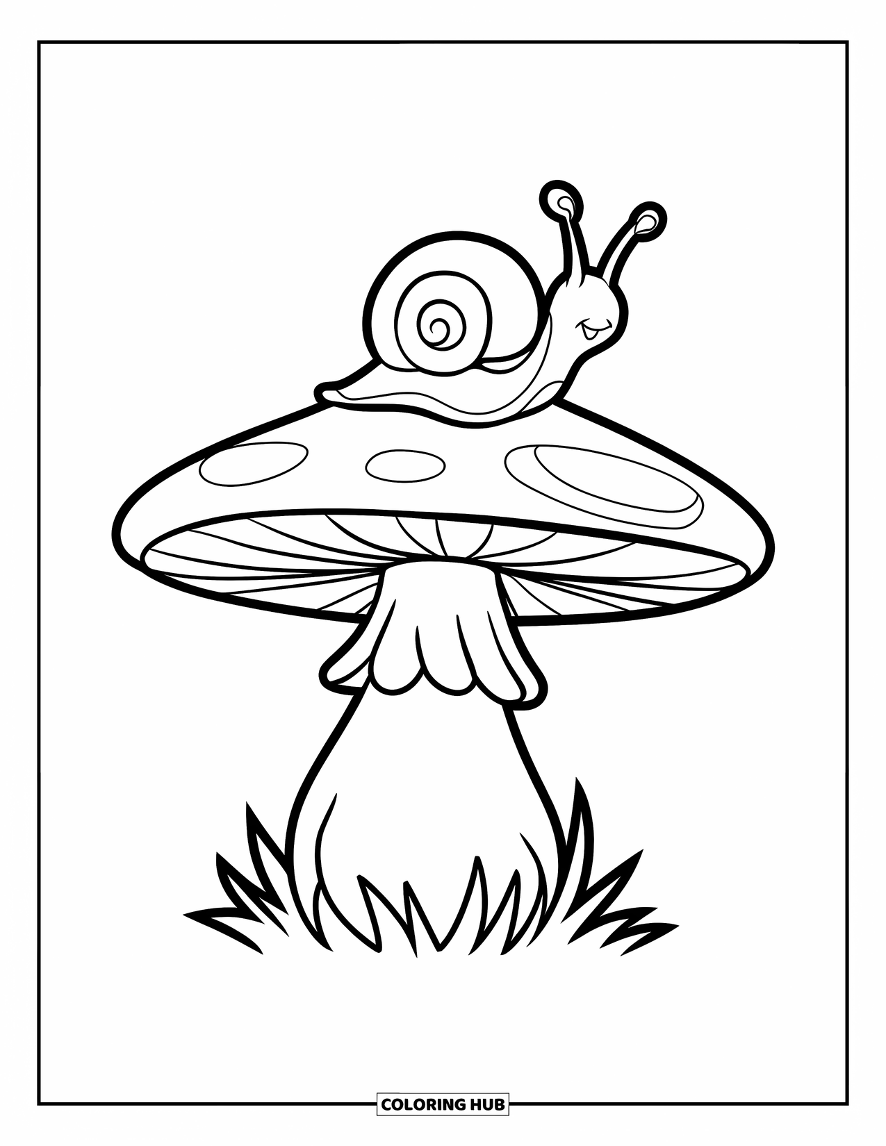 Nature Coloring Page for Kids: A snail with a spiral shell sits atop a tall mushroom in a peaceful forest clearing