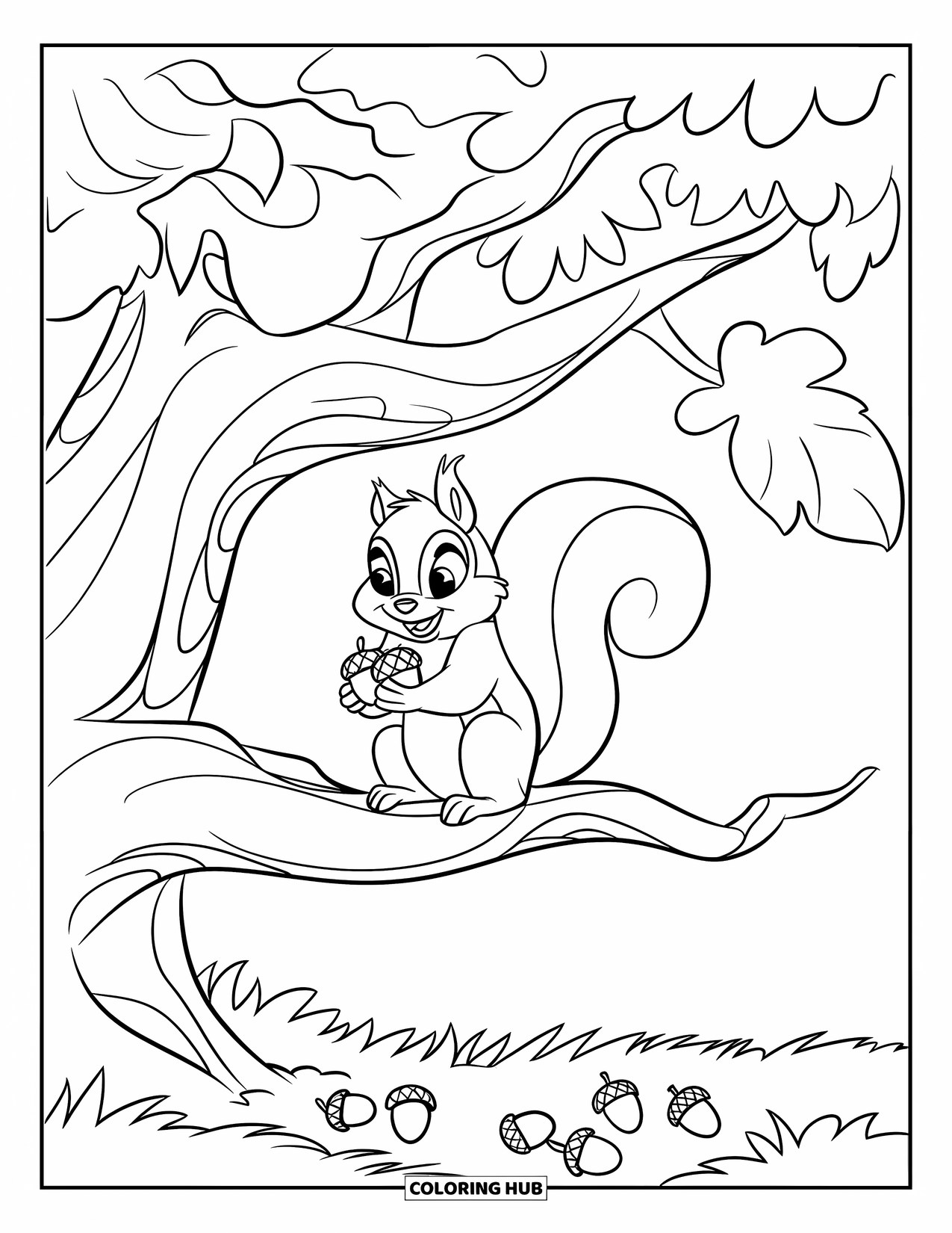 Nature Coloring Page for Kids: A squirrel perches on a tree branch, surrounded by rustling leaves and scattered acorns
