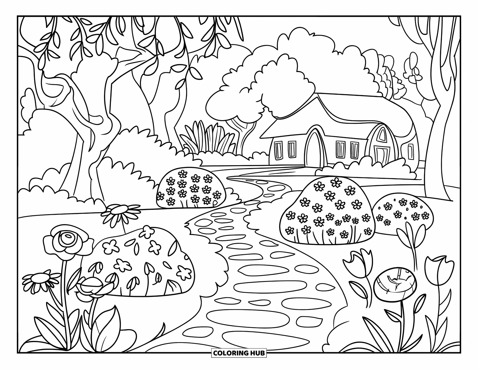 Nature Coloring Page for Kids: A stone path winds through a peaceful garden filled with blooming roses, daisies, and tulips