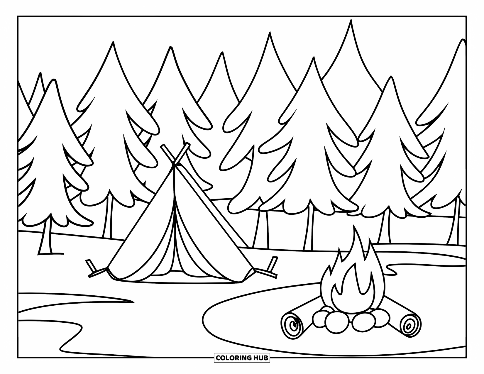 Nature Coloring Page for Kids: A tent and campfire sit in a vast field, surrounded by towering pine trees