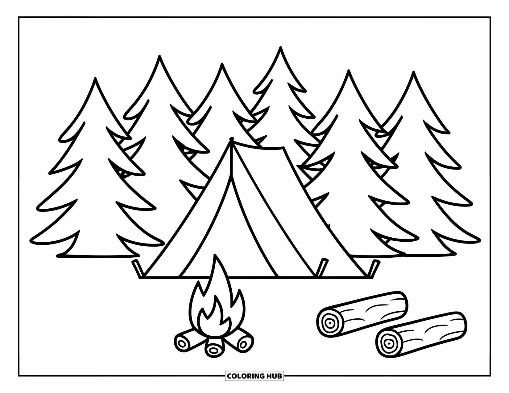 Nature Coloring Page for Kids: A tent stands among pine trees, with a glowing campfire and two logs beside it