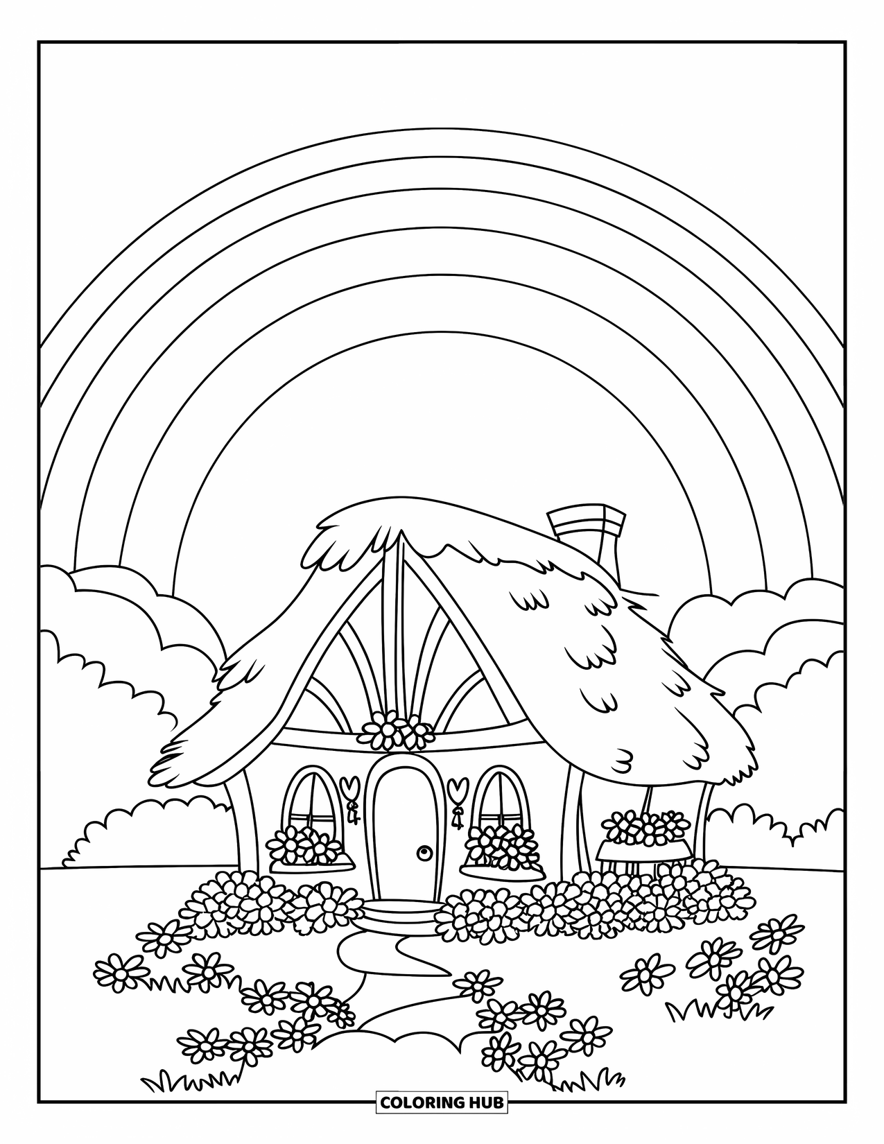 Nature Coloring Page for Kids: A thatched-roof cottage sits under a rainbow, surrounded by blooming flowers and leafy trees