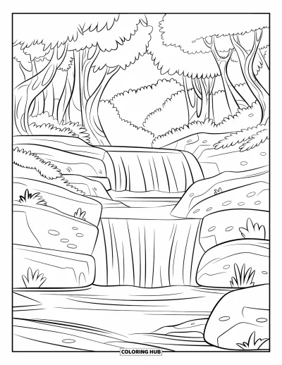Nature Coloring Page for Kids: A tiered waterfall flows over rugged rocks, surrounded by thick trees and leafy canopies