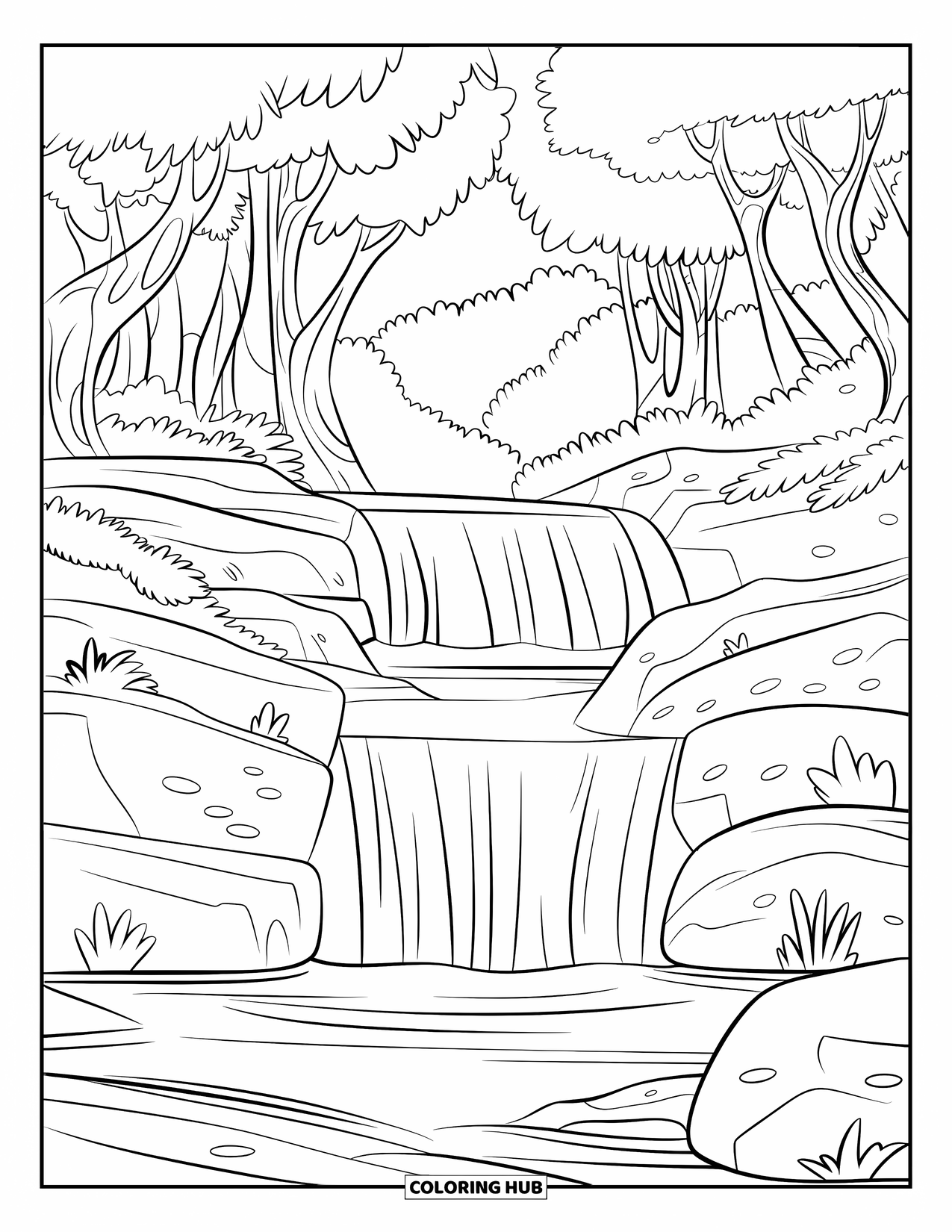 Nature Coloring Page for Kids: A tiered waterfall flows over rugged rocks, surrounded by thick trees and leafy canopies