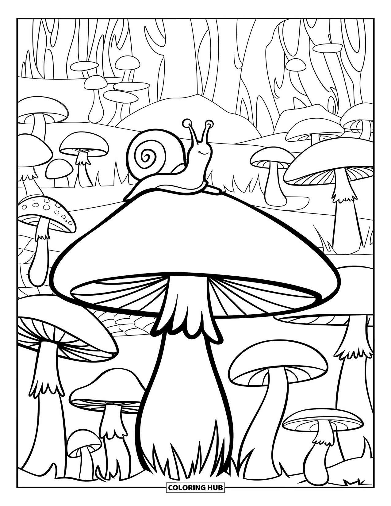 Nature Coloring Page for Kids: A tiny snail rests on a mushroom, surrounded by various-sized fungi in a shaded forest