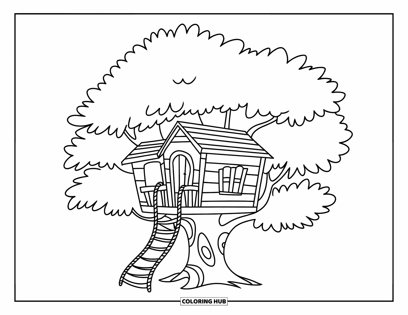 Nature Coloring Page for Kids: A treehouse with a rope ladder stands tall, with a small door and round window