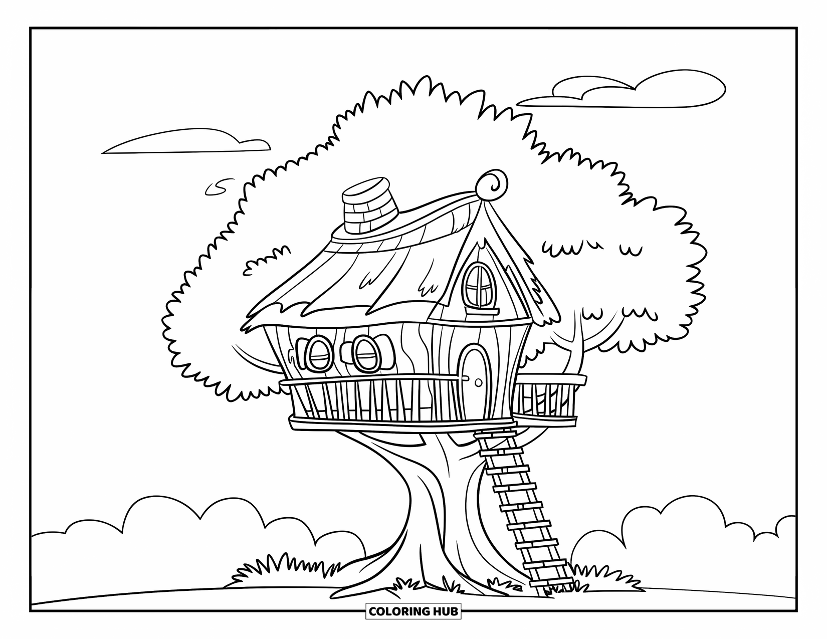 Nature Coloring Page for Kids: A treehouse with a thatched roof and ladder rests in a large tree under the sky