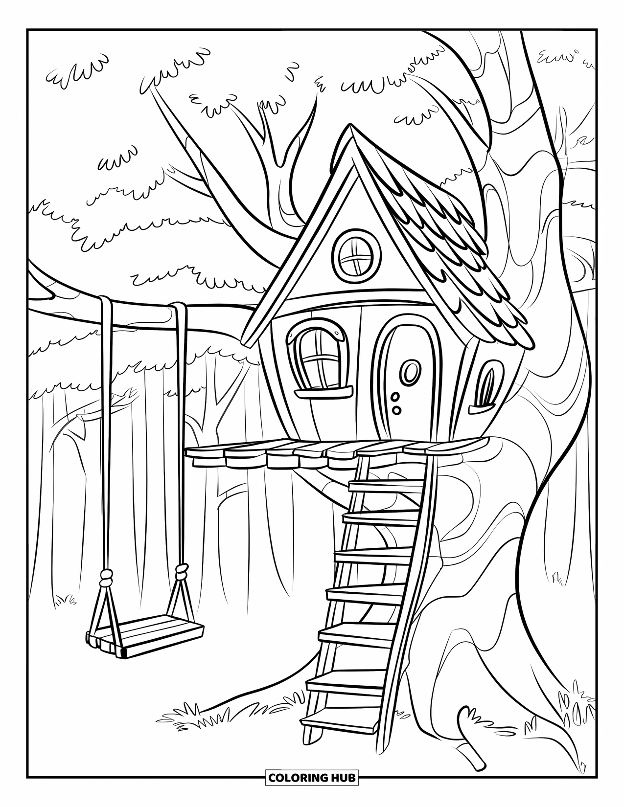 Nature Coloring Page for Kids: A treehouse with a tiny window and a wooden platform is nestled among tall trees