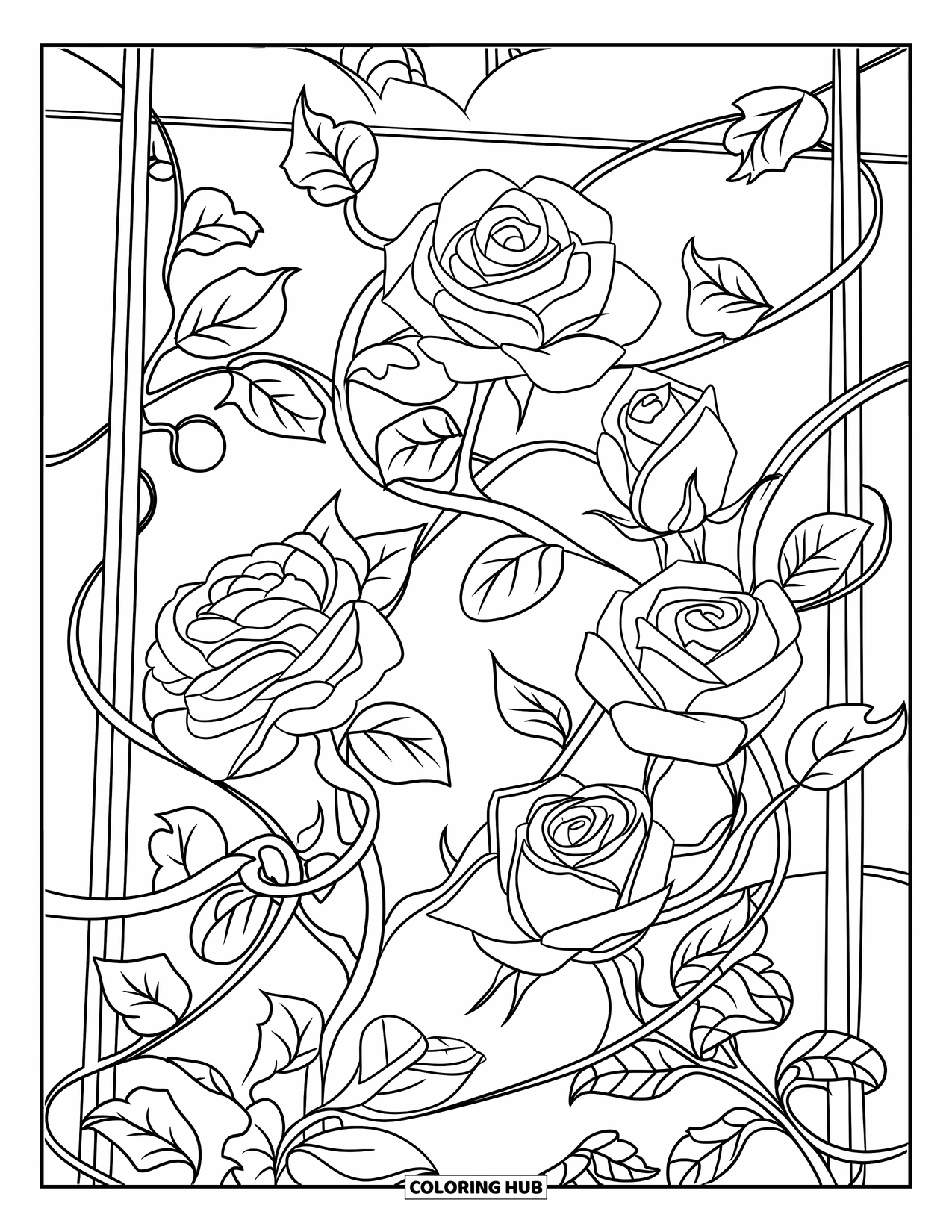 Nature Coloring Page for Kids: A trellis covered in roses and vines creates a picturesque scene in a peaceful garden