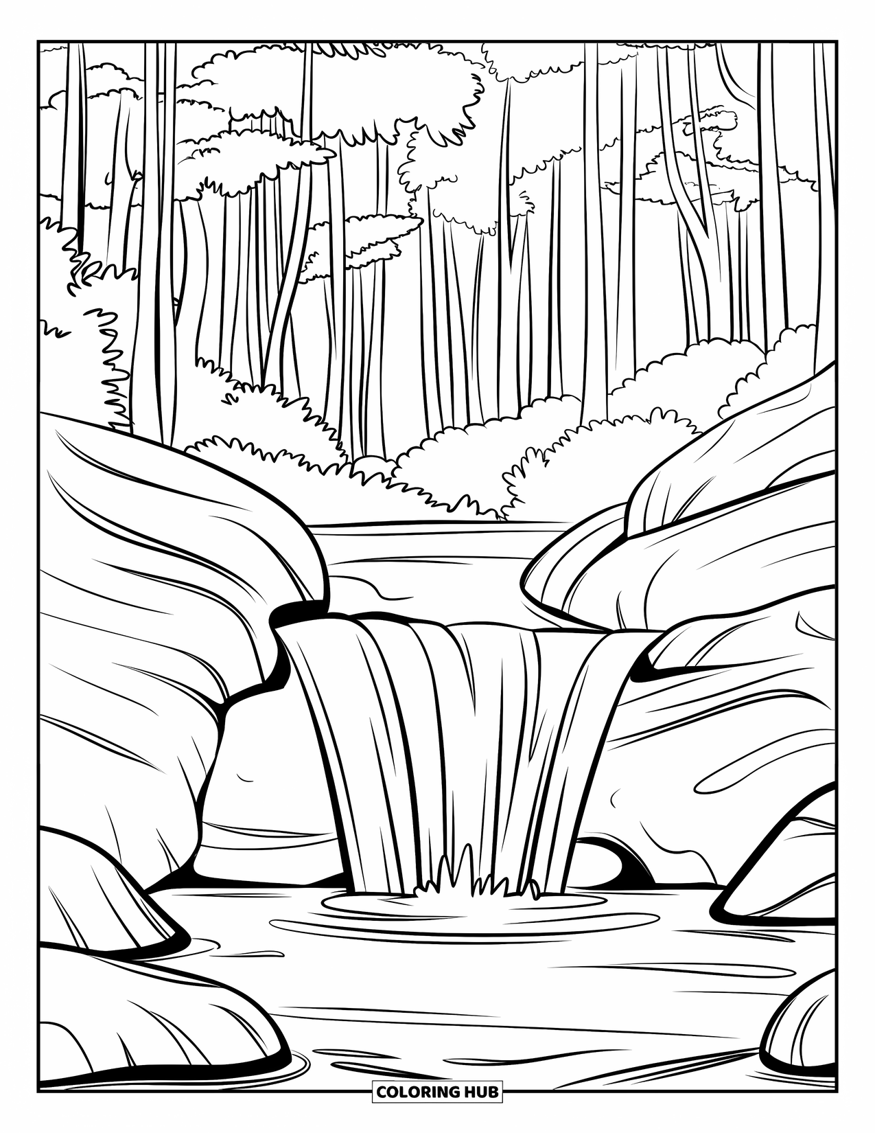 Nature Coloring Page for Kids: A waterfall cascades into a clear pool, framed by towering trees in a peaceful forest