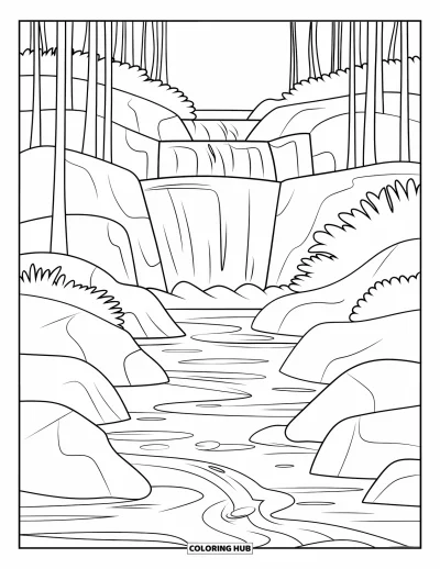 Nature Coloring Page for Kids: A waterfall flows between large rocks, surrounded by tall trees and dense greenery