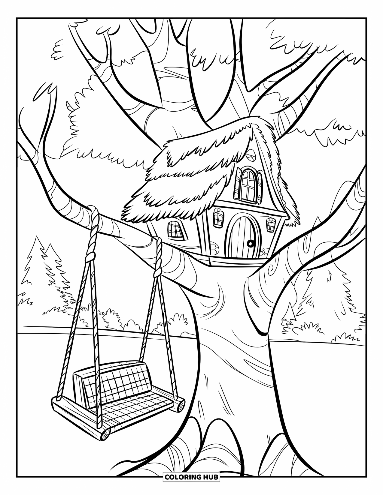 Nature Coloring Page for Kids: A wooden treehouse with a balcony and ladder sits high in a tree with thick bark