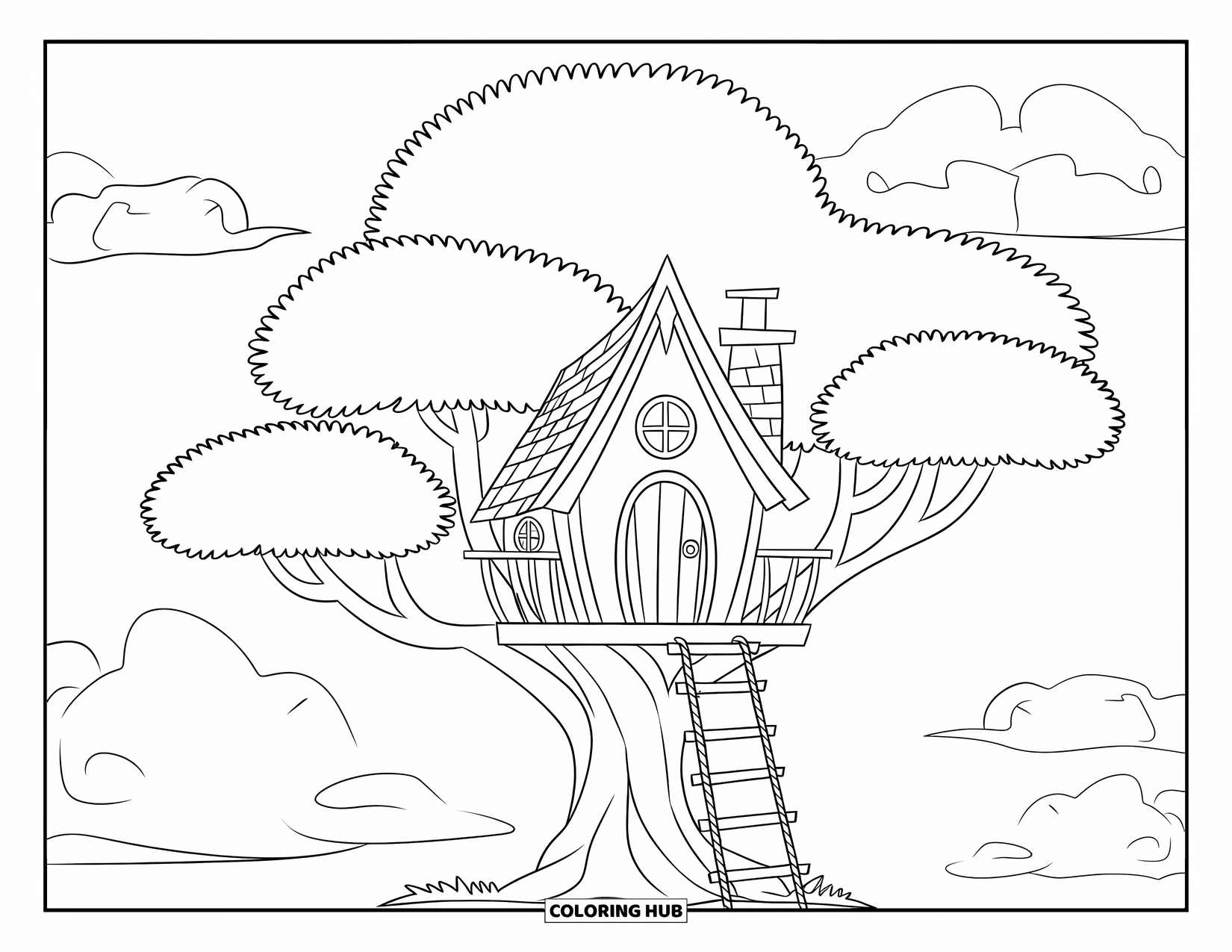 Nature Coloring Page for Kids: A wooden treehouse with a rope ladder and chimney stands among thick, twisting branches