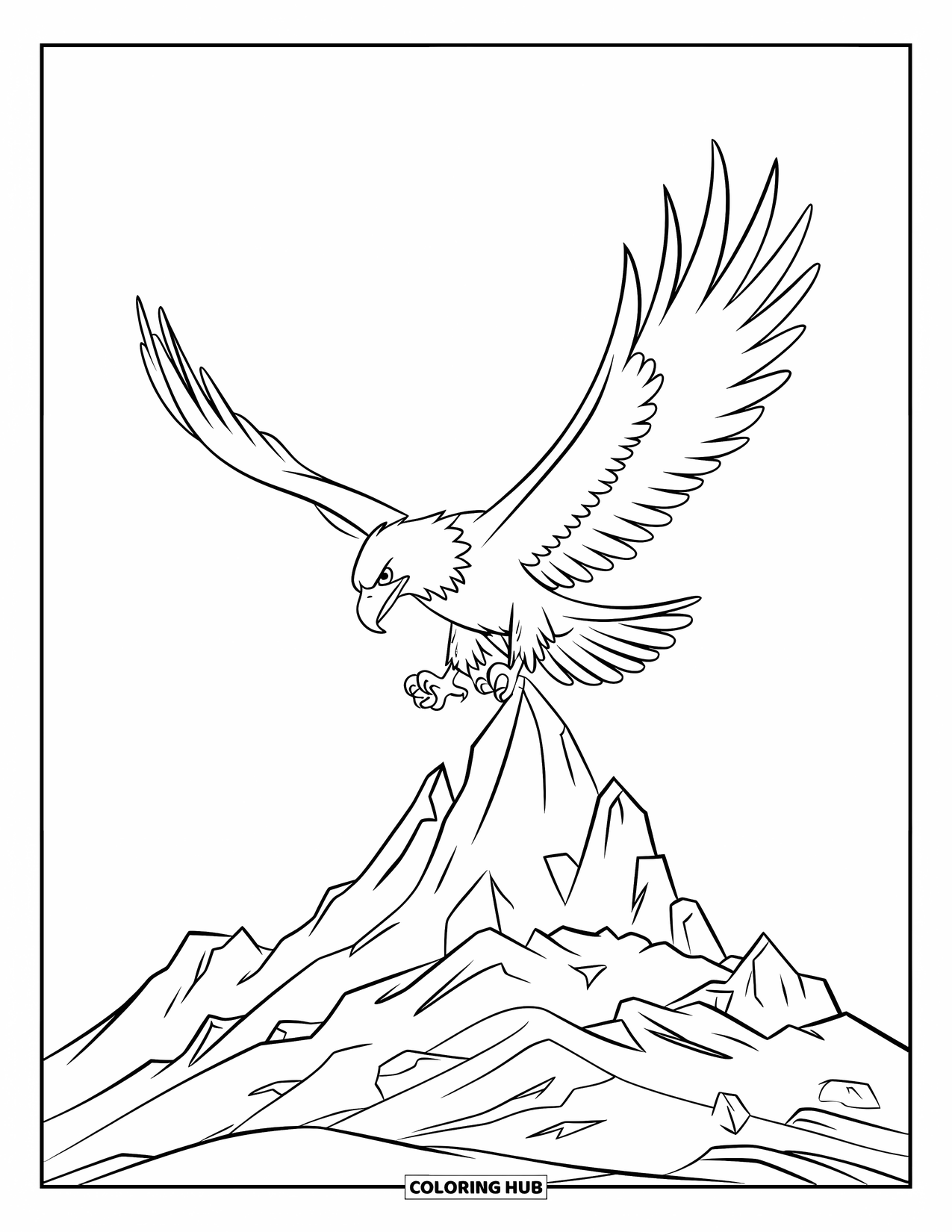 Nature Coloring Page for Kids: An eagle soars above jagged mountain peaks, its wings stretched wide in the open sky
