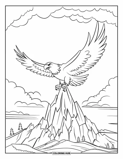 Nature Coloring Page for Kids: An eagle soars over a rocky mountain peak with trees and a lake below