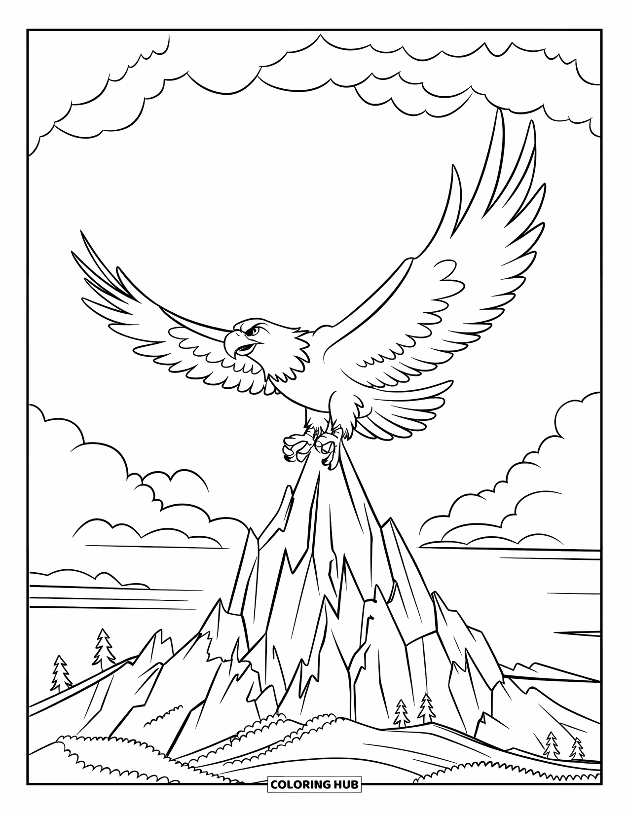Nature Coloring Page for Kids: An eagle soars over a rocky mountain peak with trees and a lake below