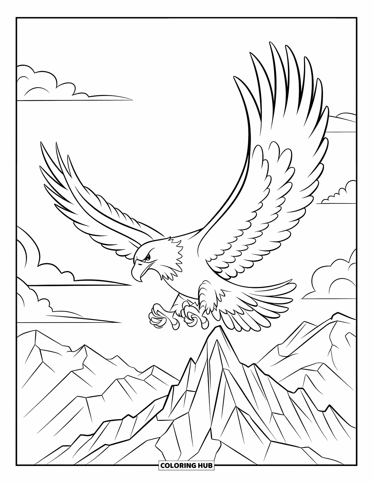 Nature Coloring Page for Kids: An eagle with spread wings glides over a rugged mountain range beneath a vast sky