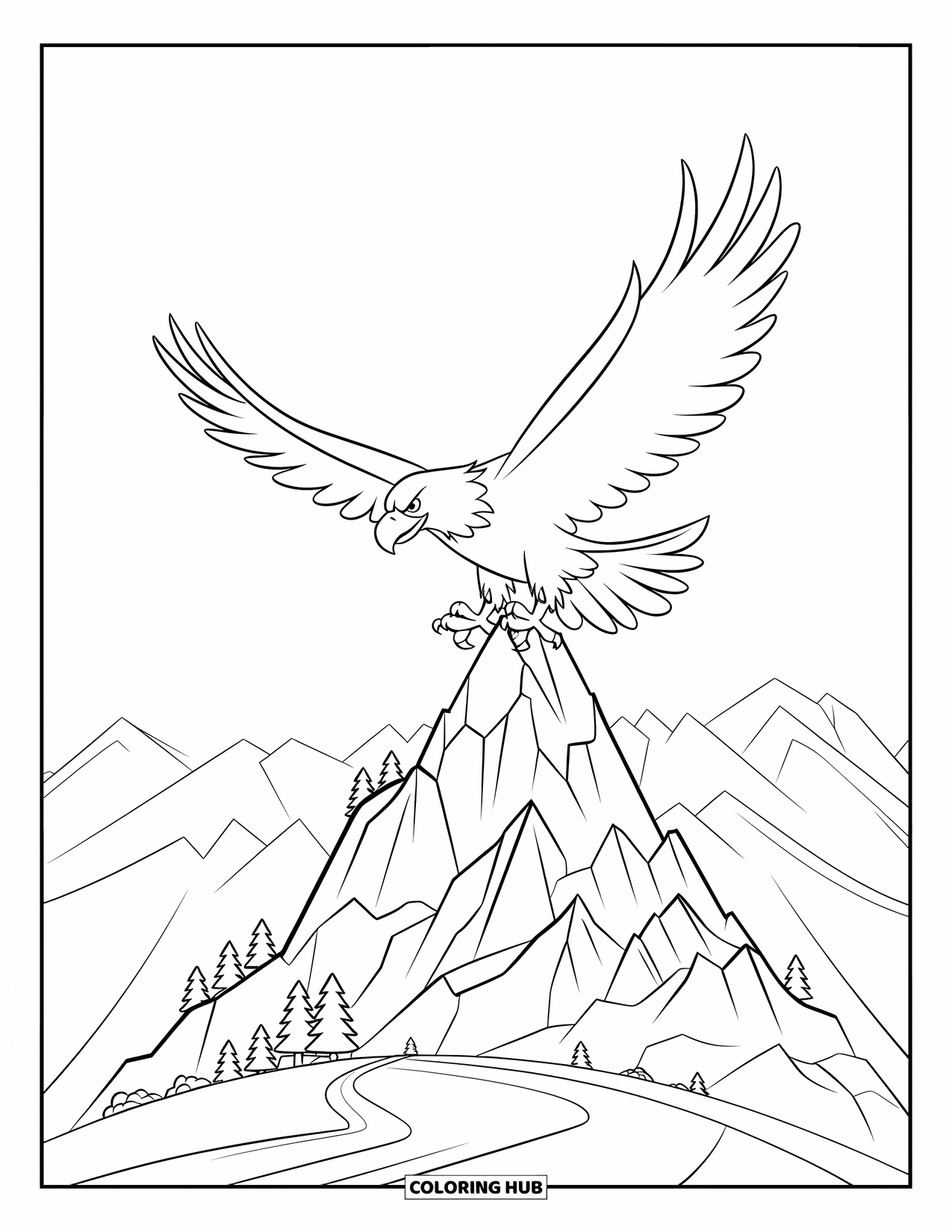 Nature Coloring Page for Kids: An eagle with wide wings flies over a rugged mountain under a vast, open sky