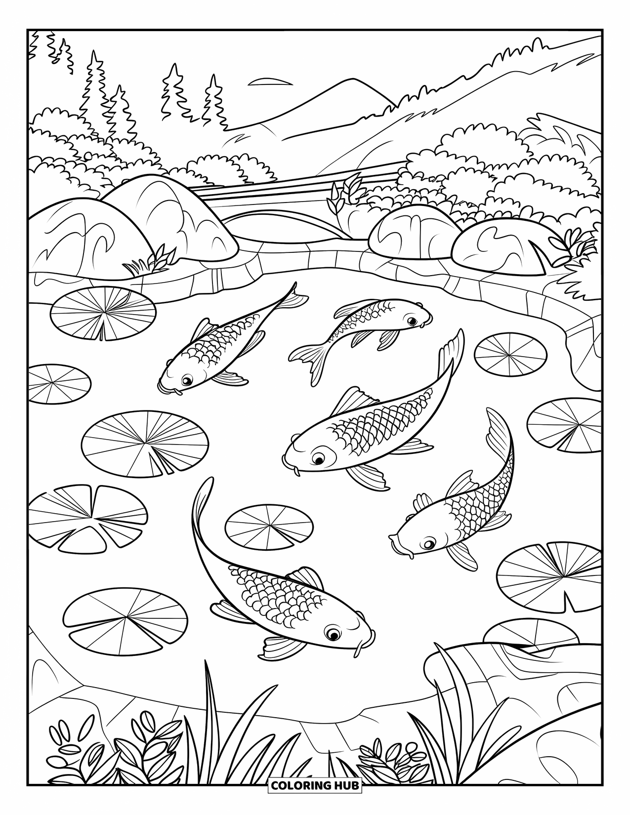 Nature Coloring Page for Kids: Koi fish glide through a peaceful pond filled with lily pads and reflected trees