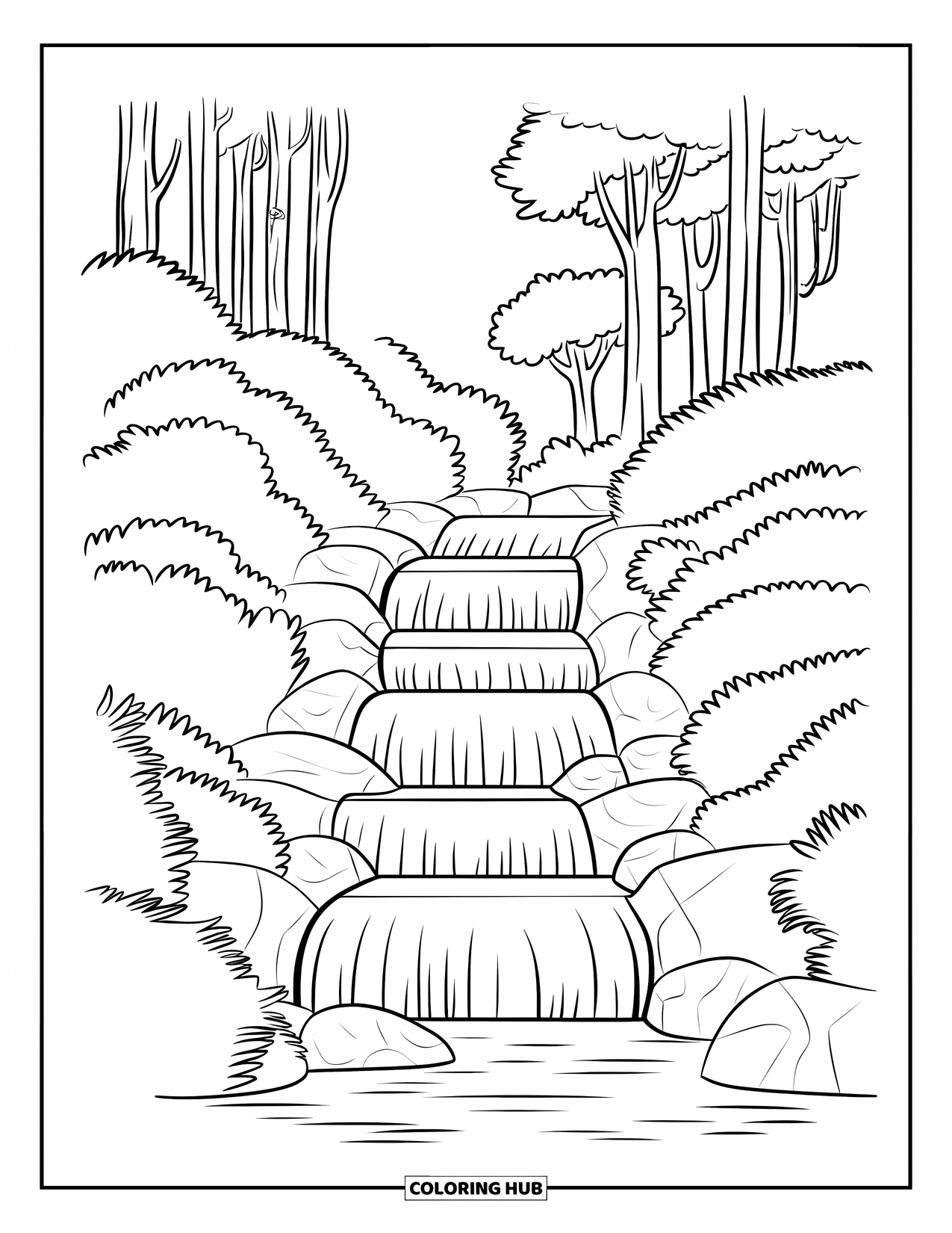 Nature Coloring Page for Kids: Water tumbles over rocks into a tranquil pond, surrounded by tall trees and mossy stones